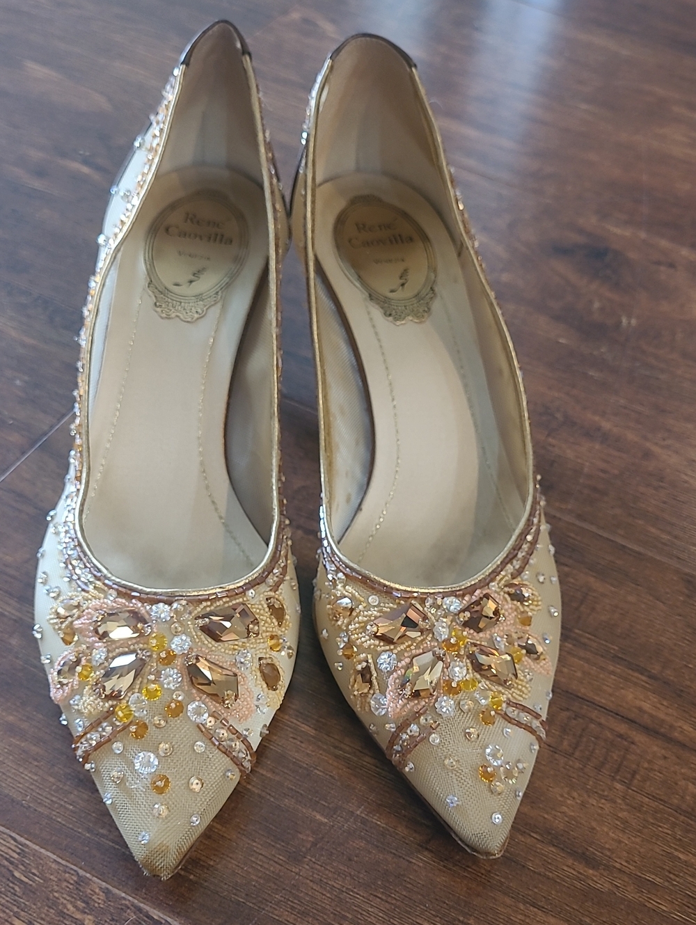 Rene Caovilla Venezia Vintage Gold-Embellished Beige Pointed Pumps Size 39/8
